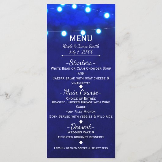 Blauw Rustieke Kerstverlichting Elegant Trouwmenu Menu (Voorkant)