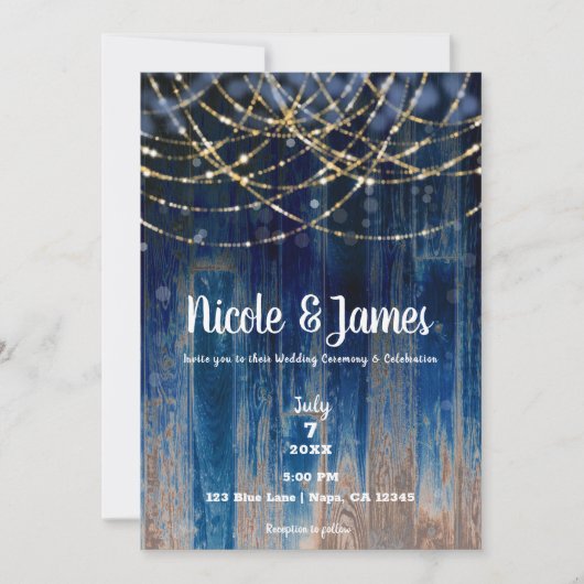 Blauw Rustieke Kustschuur Hout Bokeh Light Wedding Kaart (Voorkant)