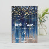 Blauw Rustieke Kustschuur Hout Bokeh Light Wedding Kaart (Staand voorkant)
