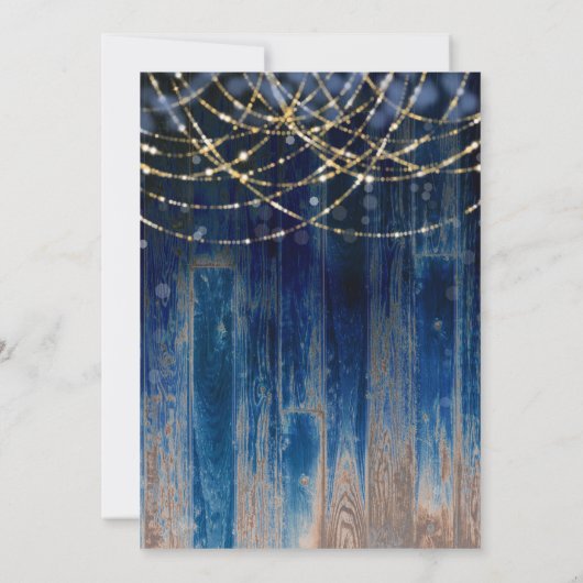 Blauw Rustieke Kustschuur Hout Bokeh Light Wedding Kaart (Achterkant)
