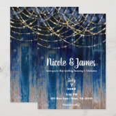 Blauw Rustieke Kustschuur Hout Bokeh Light Wedding Kaart (Voorkant / Achterkant)
