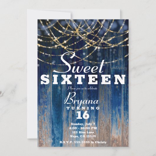 Blauw Rustieke Kustschuur Hout Bokeh Sweet 16 Kaart (Voorkant)