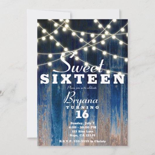 Blauw Rustieke Kustschuur Hout & Lights Sweet 16 Kaart (Voorkant)