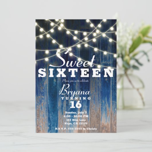Blauw Rustieke Kustschuur Hout & Lights Sweet 16 Kaart (Staand voorkant)