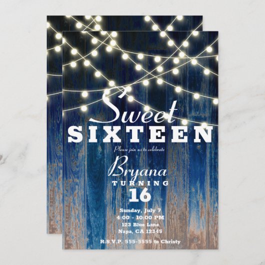 Blauw Rustieke Kustschuur Hout & Lights Sweet 16 Kaart (Voorkant / Achterkant)