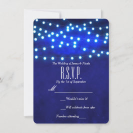 Blauw rustieke nacht slingerlichten bruiloft RSVP Kaart