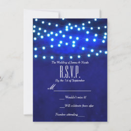 Blauw rustieke nacht slingerlichten bruiloft RSVP  Kaart