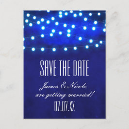 Blauw rustieke nacht slingerlichten save date ansi aankondigingskaart