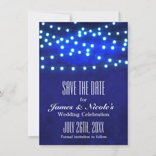 Blauw rustieke nacht slingerlichten save the date  (Voorkant)