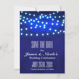 Blauw rustieke nacht slingerlichten save the date 