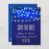 Blauw rustieke nacht String Lights Save Date Brief Aankondigingskaart (Voorkant / Achterkant)