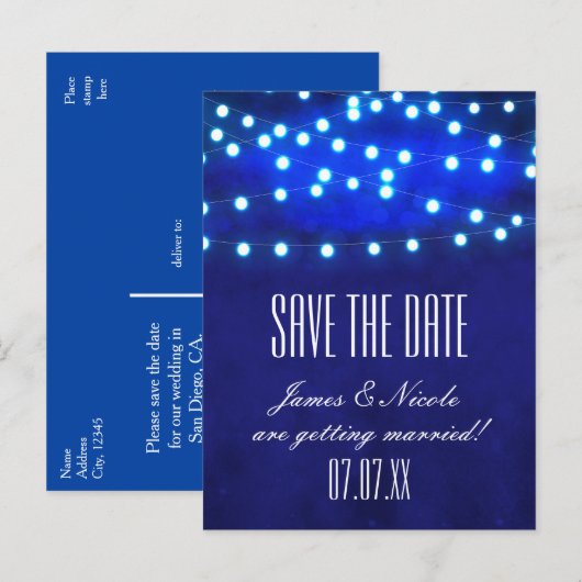 Blauw rustieke nacht String Lights Save Date Brief Aankondigingskaart (Voorkant / Achterkant)