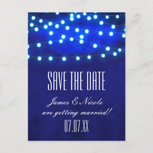 Blauw rustieke nacht String Lights Save Date Brief Aankondigingskaart (Voorkant)