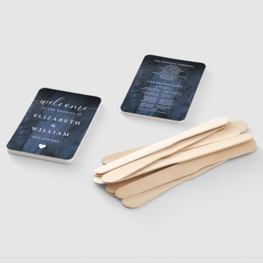 Blauw Rustieke Schuur Hout Boho Wedding Programma Handwaaier (Niet-gemonteerd)