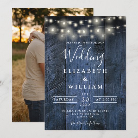 Blauw Rustieke Schuur Hout String Lights Foto Huwe Kaart (Voorkant / Achterkant)