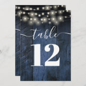 Blauw Rustieke Schuur Hout String Lights Tafelnumm Kaart (Voorkant / Achterkant)