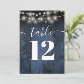 Blauw Rustieke Schuur Hout String Lights Tafelnumm Kaart (Staand voorkant)