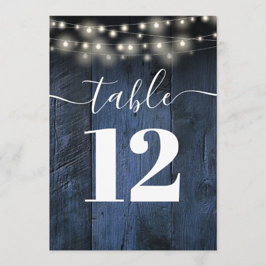 Blauw Rustieke Schuur Hout String Lights Tafelnumm Kaart (Voorkant)