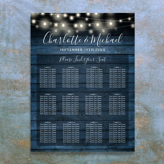 Blauw rustieke slingerlichten bruiloft zitplaatsin poster