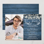 Blauw rustieke slingerlichten foto afstudeerfeest kaart (Voorkant / Achterkant)