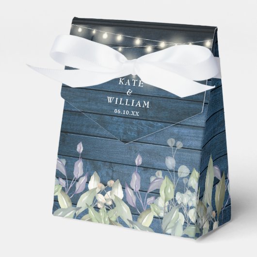 Blauw Rustieke Slingerlichten Groene Bladeren Brui Bedankdoosjes (Voorkant Zijde)