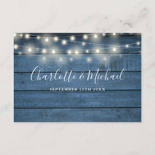 Blauw rustieke slingerlichten Huwelijksdetails Scr Informatiekaartje (Achterkant)