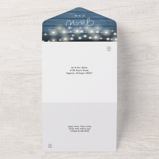 Blauw rustieke slingerlichten monogram foto bruilo all in one uitnodiging (Buitenkant)