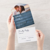 Blauw rustieke slingerlichten monogram foto bruilo all in one uitnodiging (Afscheurbaar)