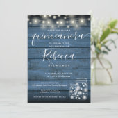 Blauw rustieke slingerlichten script Quinceañera 1 Kaart (Staand voorkant)