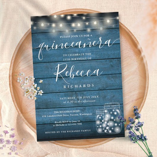 Blauw rustieke slingerlichten script Quinceañera 1 Kaart
