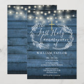 Blauw rustieke slingerlichtjes loof eerste communi kaart (Voorkant / Achterkant)