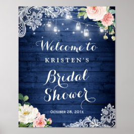 Blauw Rustieke Snoer Licht Bloem Bruidsfeest Sign Poster