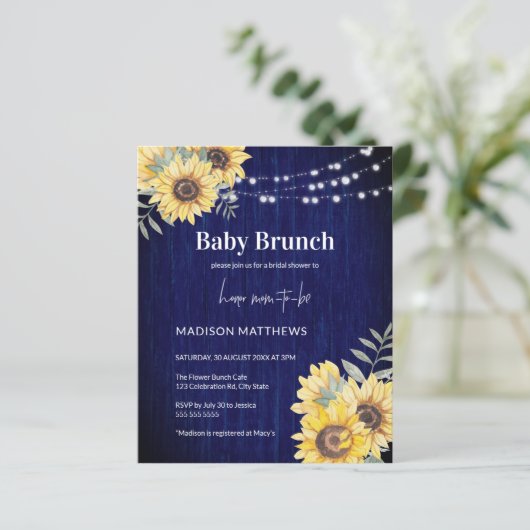 Blauw Rustisch Baby shower met zonnebloempjes (Staand voorkant)