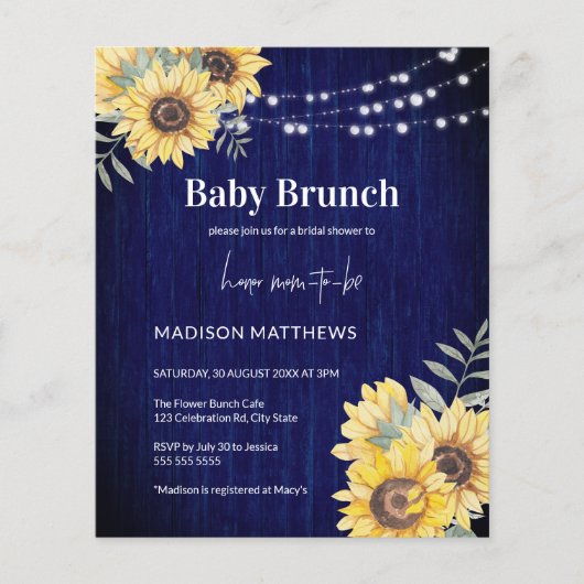 Blauw Rustisch Baby shower met zonnebloempjes (Voorkant)