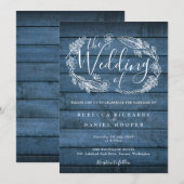 Blauw Rustisch houten land Floral Script Weddensch Kaart (Voorkant / Achterkant)