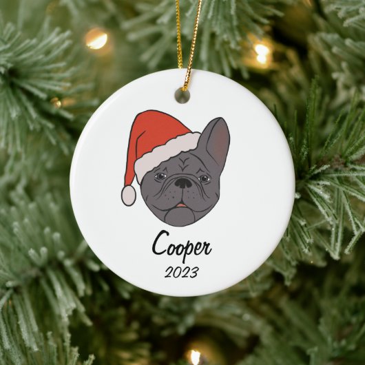Blauw Sable Frenchie Santa Hoed Kerstmis Ornament (Boom)