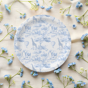 Blauw Safari Dieren Toile de Jouy Baby shower Papieren Bordje