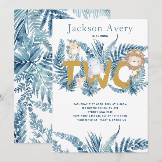 Blauw Safari Dieren Tweede Verjaardag Kaart (Voorkant / Achterkant)