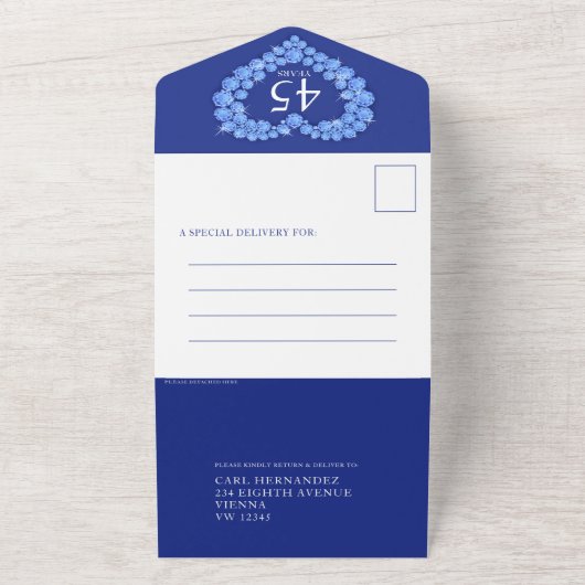 Blauw saffierhart 45ste trouwdag  all in one uitnodiging (Buitenkant)