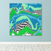 Blauw, Sage Green, Black en White Abstract vloeiba Canvas Afdruk (Insitu (Houten vloer))