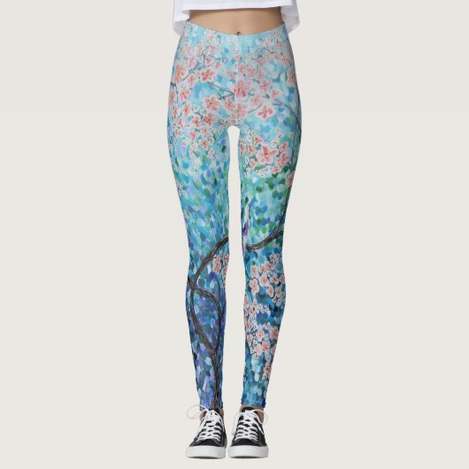 blauw sakura cherry blossom florale schilderij yog leggings (Voorkant)