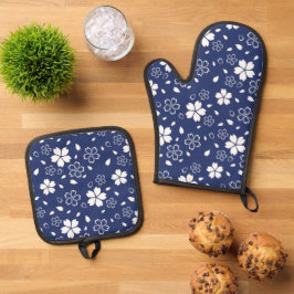 Blauw Sakura-patroon Ovenwant & Pannenlap Set