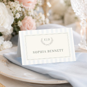 Blauw & Salie Gestreept Monogram Huwelijk Plaatskaartje