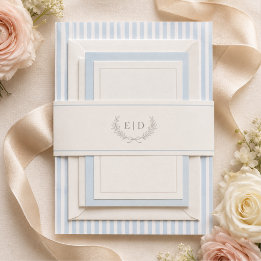 Blauw & Salie Gestreept Monogram Huwelijk Uitnodigingen Wikkel