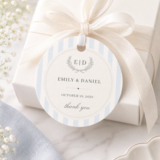 Blauw & Salie Gestreept Monogram Trouw Bedankjes Labels
