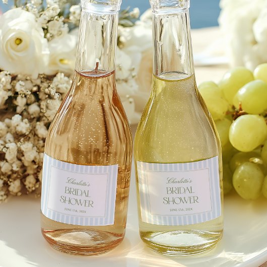 Blauw & Salie Gestreepte Bruiloft Minietiketten Sparkling Wijnetiket