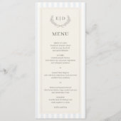 Blauw & Salie Gestreepte Monogram Bruiloft Menu (Voorkant)