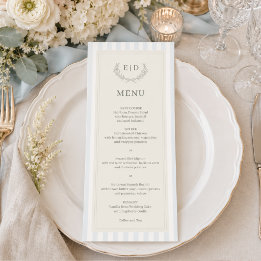 Blauw & Salie Gestreepte Monogram Bruiloft Menu