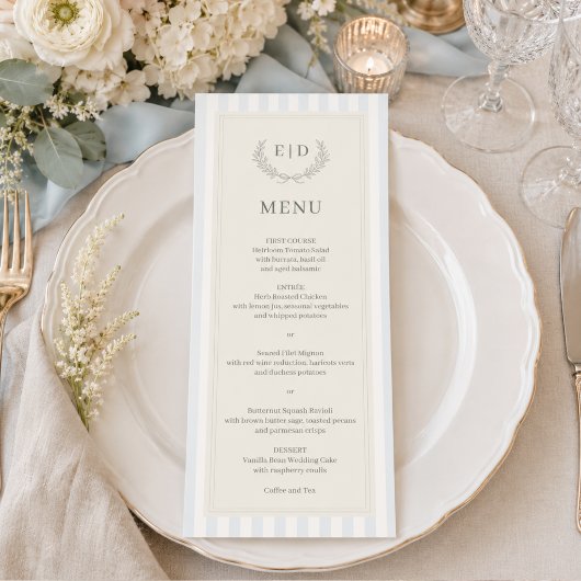 Blauw & Salie Gestreepte Monogram Bruiloft Menu