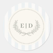 Blauw & Salie Gestreepte Monogram Bruiloft Ronde Sticker (Voorkant)